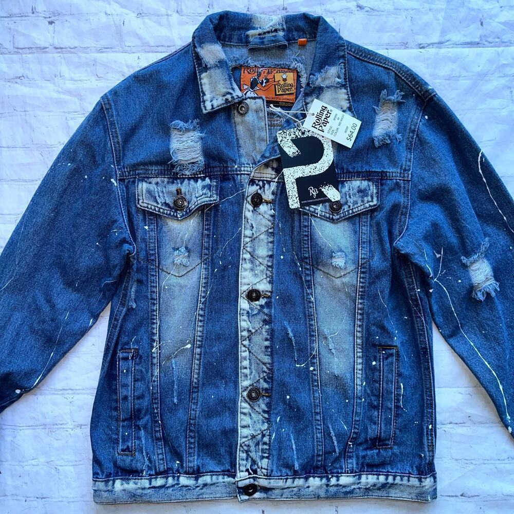 NWT Unisex Adult Medium Rolling Paper Distressed Denim Jean Trucker Jacket
